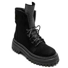 Stivali alti al ginocchio stile militare da donna con lacci e suola antiscivolo spessa - nero - Visualizzare 1