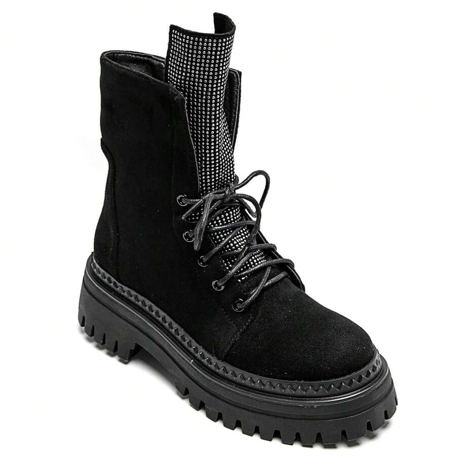 Stivali alti al ginocchio stile militare da donna con lacci e suola antiscivolo spessa - nero - Visualizzare 1