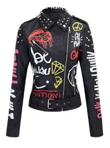 Chaqueta de piel sintética para mujer con remaches florales para motociclista y solapa corta