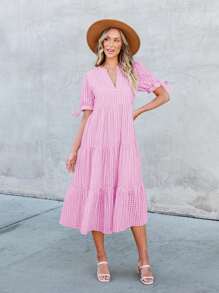 Easter Women Summer Casual V Neck Short Sleeve Midi Pleated Tiered Plaid Loose Maternity Holiday Picnic Long Dresses - 粉色 - 查看 3