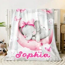 1 pièce Couverture portable personnalisée avec le nom/texte d'un bébé éléphant endormi - Jeté en flanelle léger pour sofa, lit, voyage, camping, salon, bureau, canapé, chaise et lit. Couverture en polaire avec impression numérique, flanelle douce et chaude
