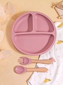 3pcs Suction Bowl And Utensils, Suitable For Infants And Toddlers, Made Of Silicone, Divided Design, Wooden Handle Spoon & Fork Silicone Child Plate Microwave And Dishwasher Friendly Kid Gifts