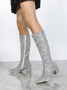 女士银色闪光尖头过膝粗跟靴，优雅日常休闲约会，简约，舒适，温暖，百搭 - 銀色 - 查看 5