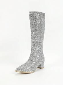 女士银色闪光尖头过膝粗跟靴，优雅日常休闲约会，简约，舒适，温暖，百搭 - 銀色 - 查看 6