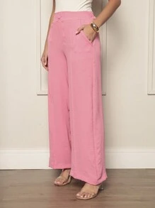 Duna Fabric Wide Leg Pants With Button Blogger Elastic Social Pants - Baby Pink - View 4