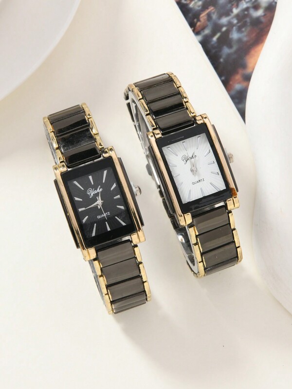 2 Peças Relógios de Casal Quadrados de Luxo com Pulseira Preta da Moda