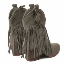 Women's Black Brown Green Fringe Embroidered Cut-Out Western Ankle Booties – Buckle Strap Cowgirl Boots [Size Up Half Size] - 綠色 - 查看 5