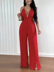 Vaiaye 女士纯色交叉露背深V性感吊带圣诞连体裤 - 紅色 - 查看 7