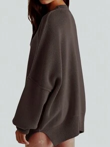 Damen Weihnachts Oversized Pullover mit Stehkragen und Drop Shoulder - Kaffeebraun - Übersicht 5