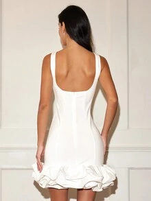 Women's Solid Color Sleeveless Short Dress, Romantic Casual Old Money Style Peplum Hem Backless Dress, Spring And Summer Vacation Outfits, White Dress - White - View 3