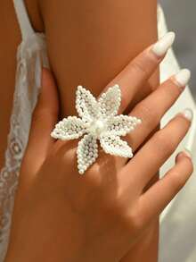 1 chiếc nhẫn hoa đính hạt ngọc trai giả thanh lịch và duyên dáng, thích hợp cho trang phục hàng ngày và dự tiệc của phụ nữ - trắng - Xem 2