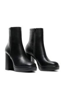 Women's Ankle Boots Platform Chunky High Heel Boots Fashion Boots Retro Square Toe Side Zipper Perfect For Parties, Dates - 黑PU - 查看 7