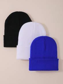 Conjunto de 3 gorros de punto de colores para niños, gorros tipo pompón suaves y elásticos unisex para niños y niñas, gorros de punto minimalistas y de moda para otoño/invierno, uso diario y regalos festivos - negro+blanco+azul - Ver 1