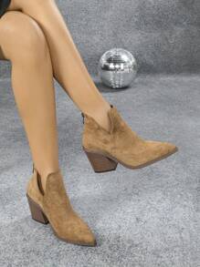 2024 New French Style Short Boots For Women, British Retro Boots, Pointed Toe Chunky Heel Ankle Boots With Back Zipper, Autumn/Winter