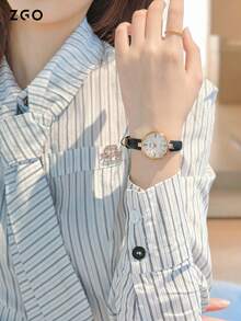 ZGO 1件女款金色表壳皮表带时尚休闲防水石英表精致轻巧盘面小巧耐刮擦镜面适合日常摆件2162 - 金色 - 查看 4