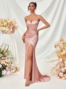 ADYCE PROM 女士深 V 领露背开衩长款礼服，适合鸡尾酒会、宴会、婚礼活动 - 淺粉色 - 查看 6