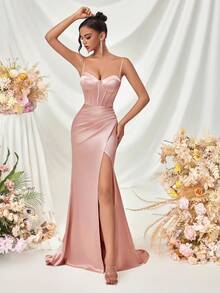ADYCE PROM 女士深 V 领露背开衩长款礼服，适合鸡尾酒会、宴会、婚礼活动 - 淺粉色 - 查看 3