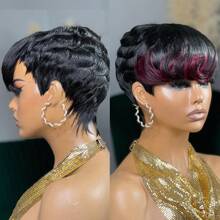 1B99J 彩色短款层次精灵假发，巴西原生人发假发，直发蕾丝前假发带刘海，适合日常佩戴，可作礼物，即插即用，无胶全蕾丝假发 - S1/99J - 查看 2