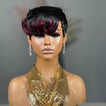 1B99J 彩色短款层次精灵假发，巴西原生人发假发，直发蕾丝前假发带刘海，适合日常佩戴，可作礼物，即插即用，无胶全蕾丝假发 - S1/99J - 查看 1