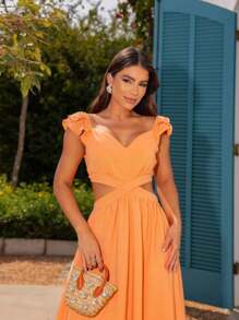 Irina Dress With Tailored Waist, Short Ruffled Sleeves And Simple And Charming Pleated Skirt - 橘色 - 查看 1