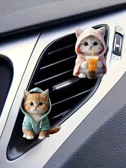 2pcs Set Cute Cat Shaped Acrylic Car Air Freshener - Fragrance Vent Clip Diffuser With Decoration, Brings Fresh Scent Riding Experience, 2D Flat Design