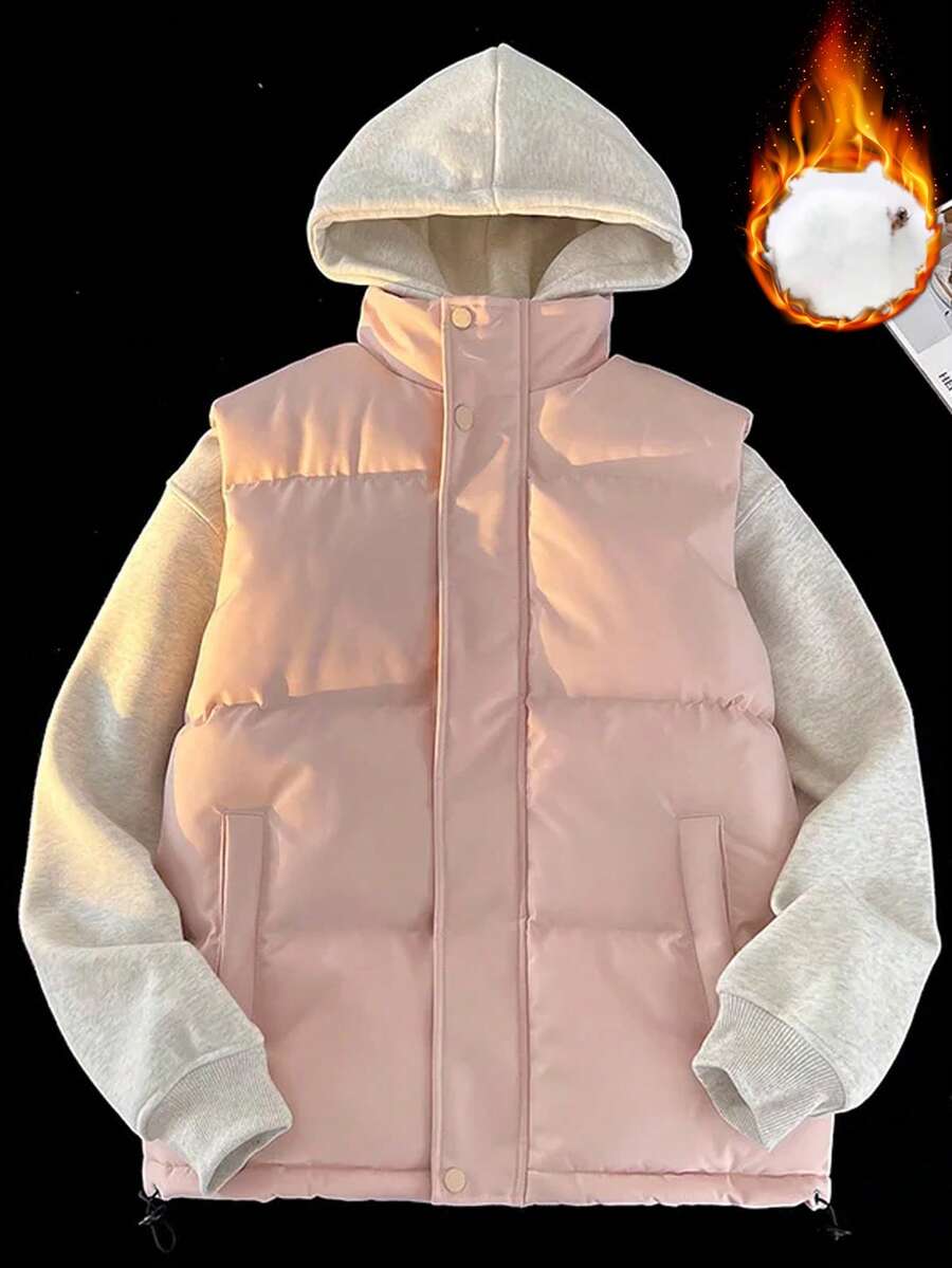 Gilet rose épais pour femmes en automne et en hiver, débardeur de couple col montant sans chapeau. Version coréenne simple et polyvalente, manteau sans manches chaud unisexe - Rose bonbon - Voir 1