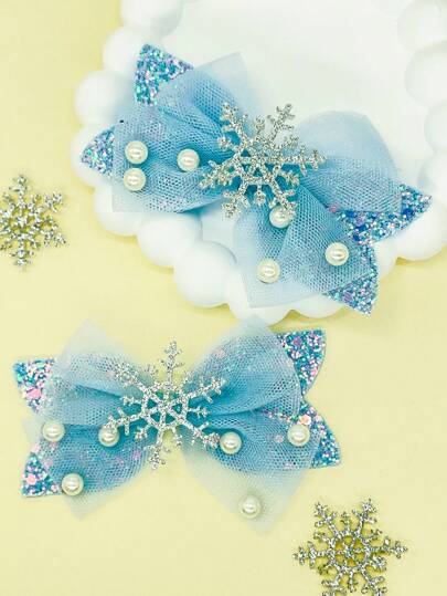 2個セット フローズン プリンセス ラメ入りブルースノーフレーク リボンヘアクリップ、キラキラリボンサイドクリップ ヘッドウェア、プリンセス女の子のヘアアクセサリー パーティ ギフト用、クリスマス向け