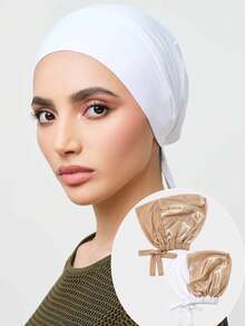 2 chiếc mũ lót buộc dây màu trơn thời trang, bộ 2 mũ buộc dây cho nữ, khăn quàng cổ, khăn choàng co giãn có thể điều chỉnh - 2 chiếc mũ có dây buộc - Xem 3