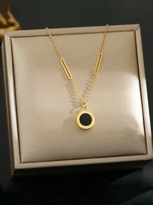 1件不锈钢黑白双面罗马数字吊坠项链，百搭日常佩戴，礼品 - 金黃色 - 查看 1