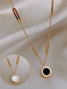 1件不锈钢黑白双面罗马数字吊坠项链，百搭日常佩戴，礼品 - 金黃色 - 查看 2