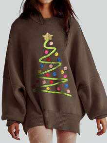 Damen Weihnachts Oversized Pullover mit Stehkragen und Drop Shoulder - Kaffeebraun - Übersicht 4