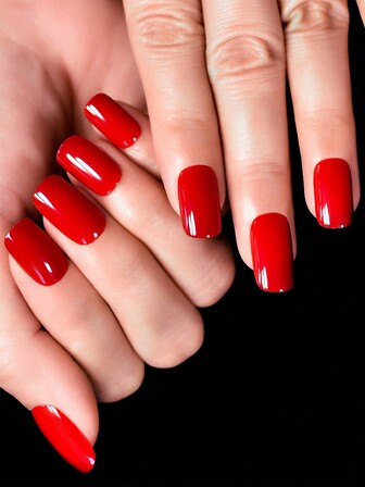 Add A Touch Of Romance With 24 PCS Medium Square Glossy Solid Red Color Classic Uv Gel Practicality False Nails For Travel Adventures With Tools Bag