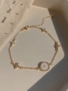 1pc Women's Fashionable & Elegant Ornate Luxury Diamond Studded Star Ray Cross Round Pendant Chain Bracelet, Suitable For Daily Wear