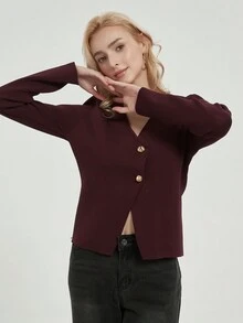 女士时尚休闲简约纽扣装饰长袖 V 领毛衣，百搭安哥拉红色针织开衫 - 酒紅色 - 查看 10
