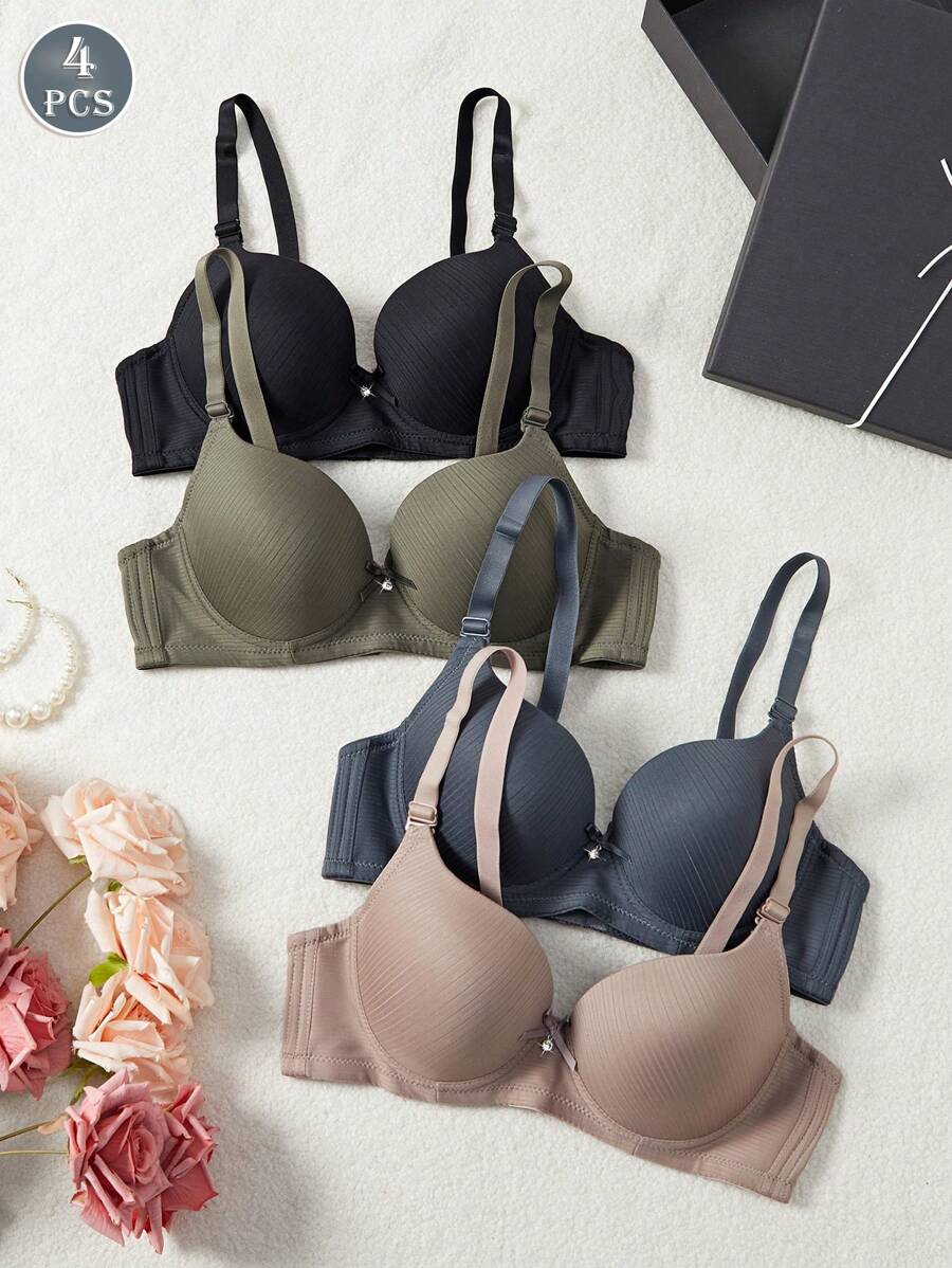 4 piezas Sostén cómodo de mujer con varilla, taza suave, diseño de rayas multicolor y fondo sólido, ropa interior y lencería