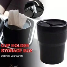 多功能车载迷你垃圾桶带盖桌面收纳烟灰缸储物盒汽车杯架垃圾桶 - 黑色 - 查看 6
