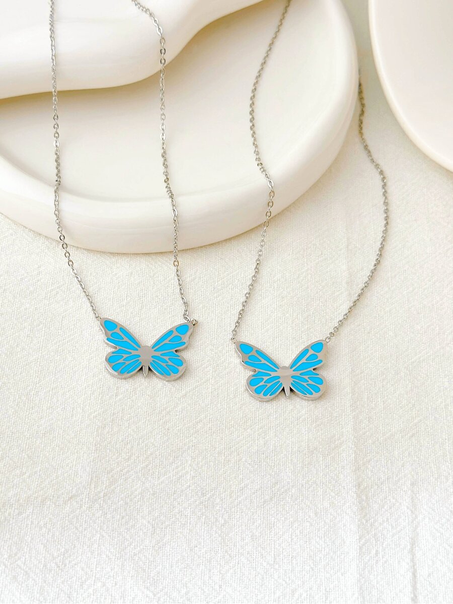 YUZENG 1 Fashionable, Creative, Elegant And Fully Matched Qparkling Luminous Stainless Steel Collarbone Chain, DIY Hollow Luminous Butterfly Pendant Necklace - Silver - View 1