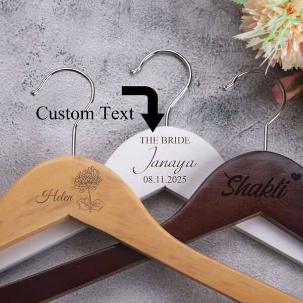 1Pc Personalized Bridesmaid Hangers, Bride Hangers, Wedding Dress Hangers, Custom Name Engraved Wooden Hanger, Bridesmaid Proposal, Wedding Hangers, Maid Of Honor Gifts, Personalized Customized Name Wooden Thick Clothes Hanger, For Valentine's Day, For Mother's Day, For Birthdays, For Children's Day, For Father's Day, For Graduation, For Weddings, For Housewarming Living Room, Bedroom, Home, Bathroom