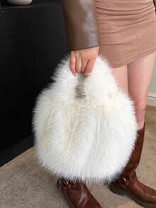 蓬松云朵包毛绒包包女2024新款斜挎冬可爱咖色小香风单肩手提包 - 白色 - 查看 3