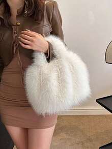 蓬松云朵包毛绒包包女2024新款斜挎冬可爱咖色小香风单肩手提包 - 白色 - 查看 5