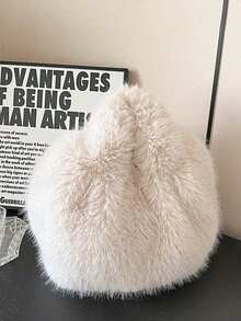 蓬松云朵包毛绒包包女2024新款斜挎冬可爱咖色小香风单肩手提包 - 白色 - 查看 7