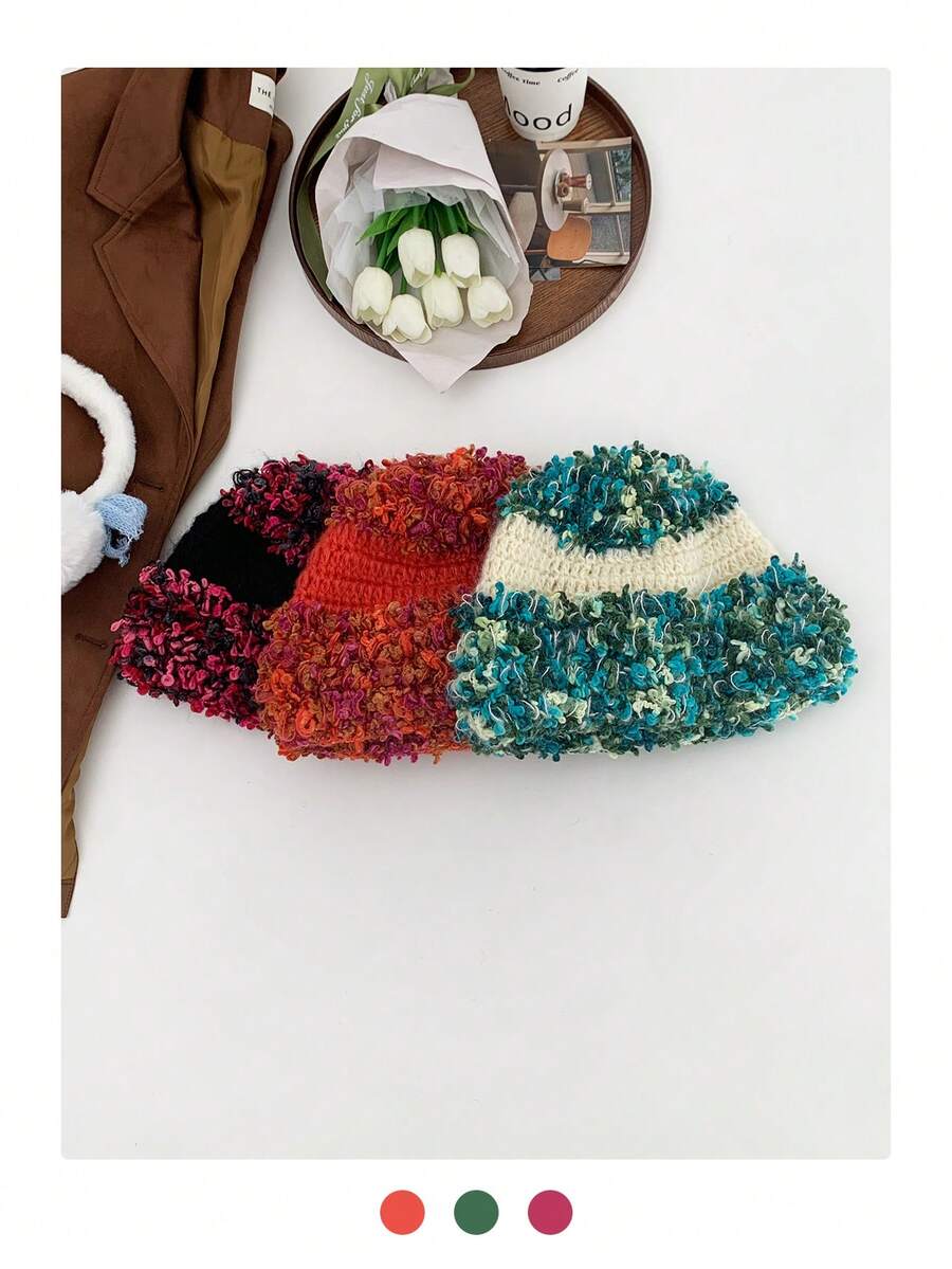 1 chiếc mũ len đan chắp vá nhiều màu cổ điển dành cho nữ, mũ lưỡi trai mềm mại giữ ấm cho ngư dân, mũ xô họa tiết hoa/dưa hấu thủ công thời trang thu/đông mới, thiết kế khuôn mặt nhỏ - Nhiều màu - Xem 1