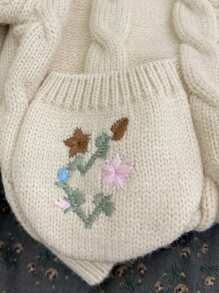 Young Girl Floral Embroidery Raglan Sleeve Cable Knit Cardigan - Apricot - View 3