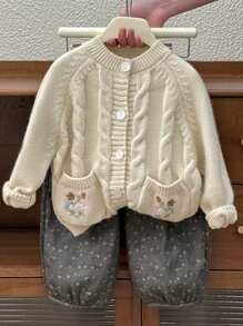 Young Girl Floral Embroidery Raglan Sleeve Cable Knit Cardigan - Apricot - View 1