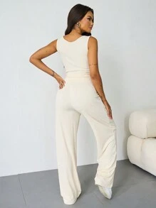 Women's Athletic Solid Color U Neck Partial Button Slim Tank & Wide Leg Trousers Co-Ord