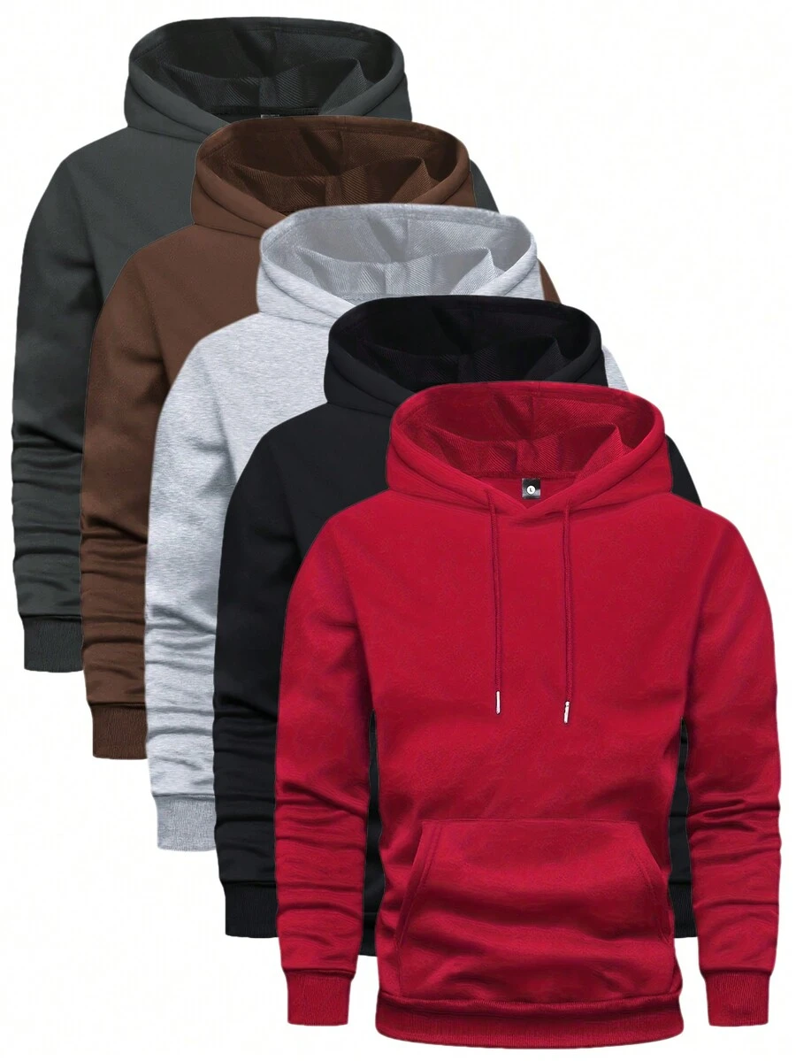 5 chiếc áo hoodie trơn màu cho nam - Áo hoodie dài tay mềm mại, thoáng khí, thường ngày có túi dành cho các hoạt động ngoài trời, mặc hàng ngày và du lịch - Thoải mái, vừa vặn, màu đỏ + đen + xám nhạt + cà phê + xám đậm - Nhiều màu - Xem 1