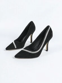 女士尖头高跟鞋，黑色水钻带舒适正装鞋，适合日常、约会、聚会 - 黑色 - 查看 7