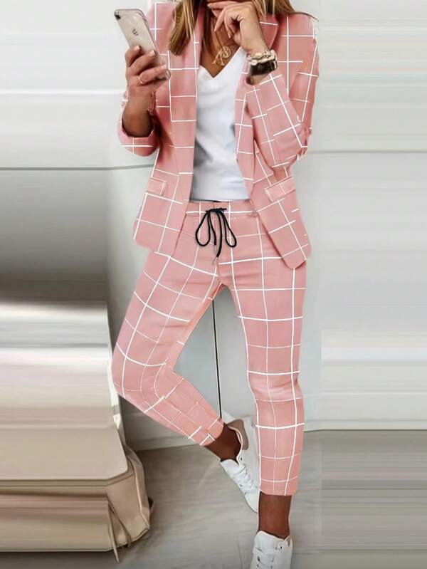 Women's Elegant Casual Plaid Blazer And Pants Suit Set, Autumn