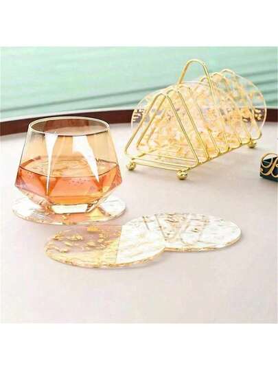 1pc/6pcs Gold Foil Detail Coaster, Golden Leaf Table Cup Coaster,Acrylic Insulated Coaster, Gold Foil Waterproof Cup Mat Resin Table Mat
