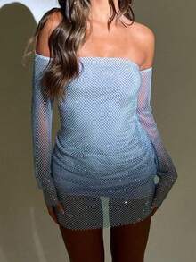 Women Solid Color Strapless Simple Fitted Casual Dress - Blue - View 5